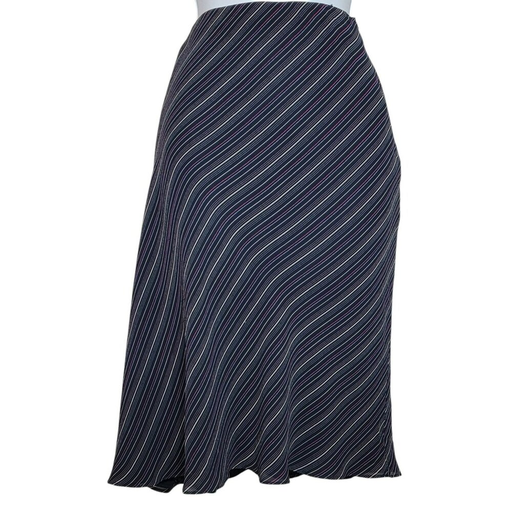 Ann Taylor Loft Skirt, Women 12, Black, Red, Blue, & Tan Stripes, 100% Silk, EUC